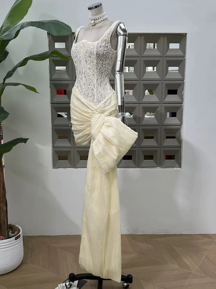 French luxury lace fishbone slim vest hip dress 2025 new summer pleated ribbon waist temperament mini bud skirt