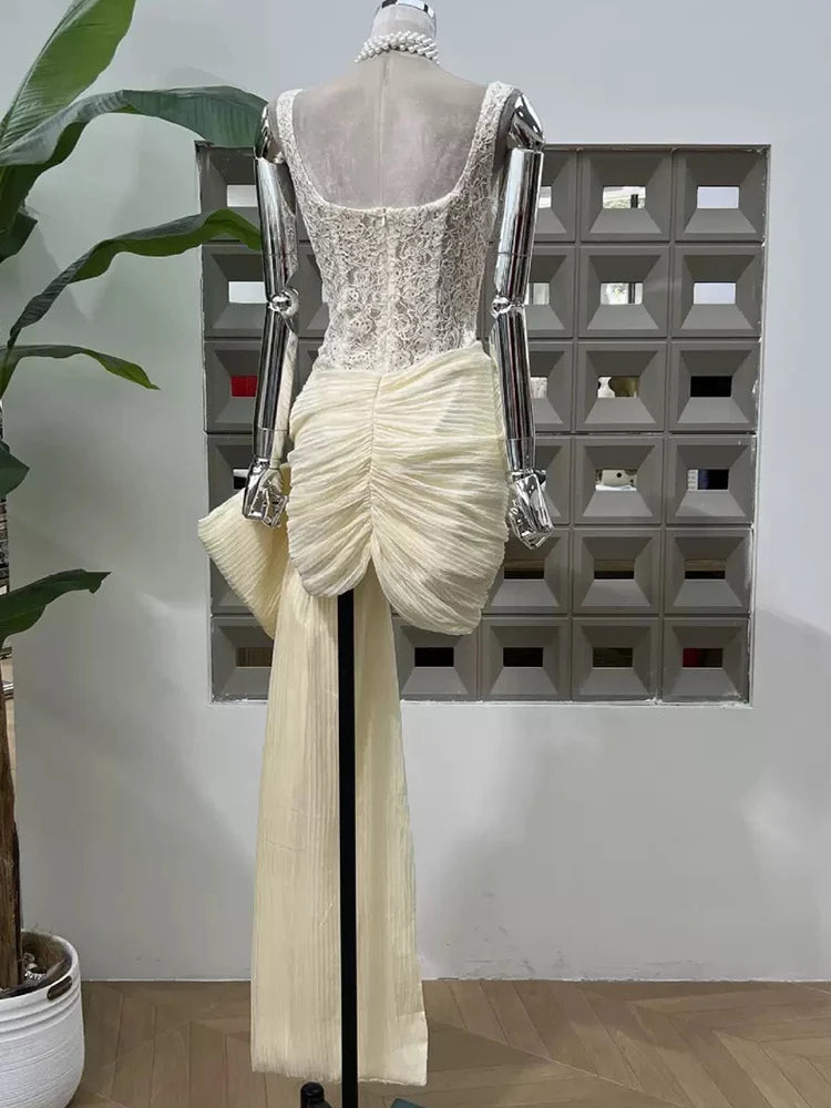 French luxury lace fishbone slim vest hip dress 2025 new summer pleated ribbon waist temperament mini bud skirt