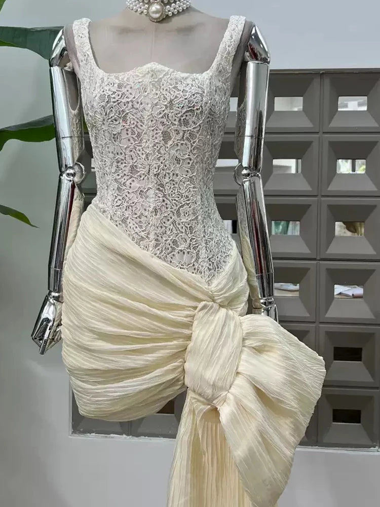 French luxury lace fishbone slim vest hip dress 2025 new summer pleated ribbon waist temperament mini bud skirt