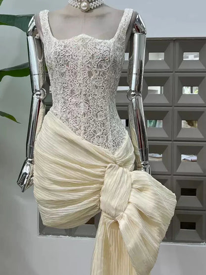 French luxury lace fishbone slim vest hip dress 2025 new summer pleated ribbon waist temperament mini bud skirt