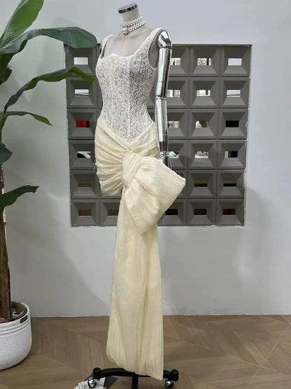 French luxury lace fishbone slim vest hip dress 2025 new summer pleated ribbon waist temperament mini bud skirt