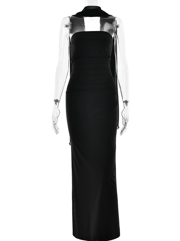 XIAOTANG Scarf Collar Strapless Sexy Maxi Dress for Women Fashion Off-shoulder Backless Bodycon Club Party Long Dress Elegant