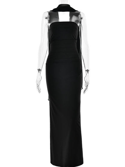 XIAOTANG Scarf Collar Strapless Sexy Maxi Dress for Women Fashion Off-shoulder Backless Bodycon Club Party Long Dress Elegant