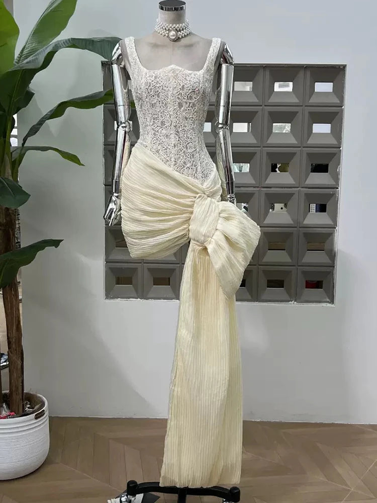 French luxury lace fishbone slim vest hip dress 2025 new summer pleated ribbon waist temperament mini bud skirt