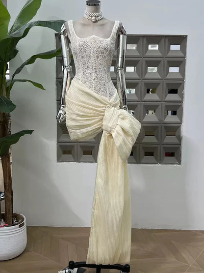 French luxury lace fishbone slim vest hip dress 2025 new summer pleated ribbon waist temperament mini bud skirt